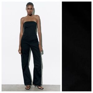 NWT . Zara Black Cotton Cargo Strapless Long Jumpsuit. Size S.
